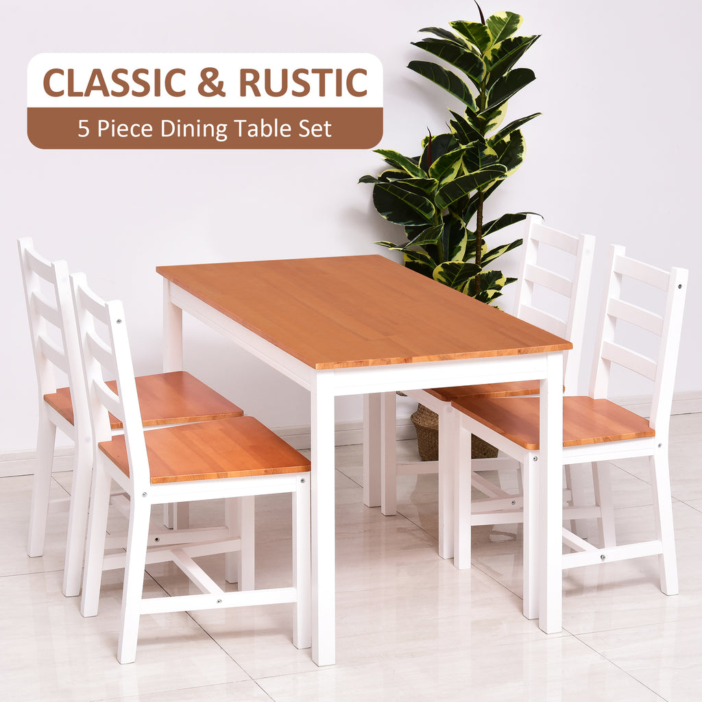 5 Piece Solid Pine Wood Table and High Back Chair Dining Set - White/Natural Wood