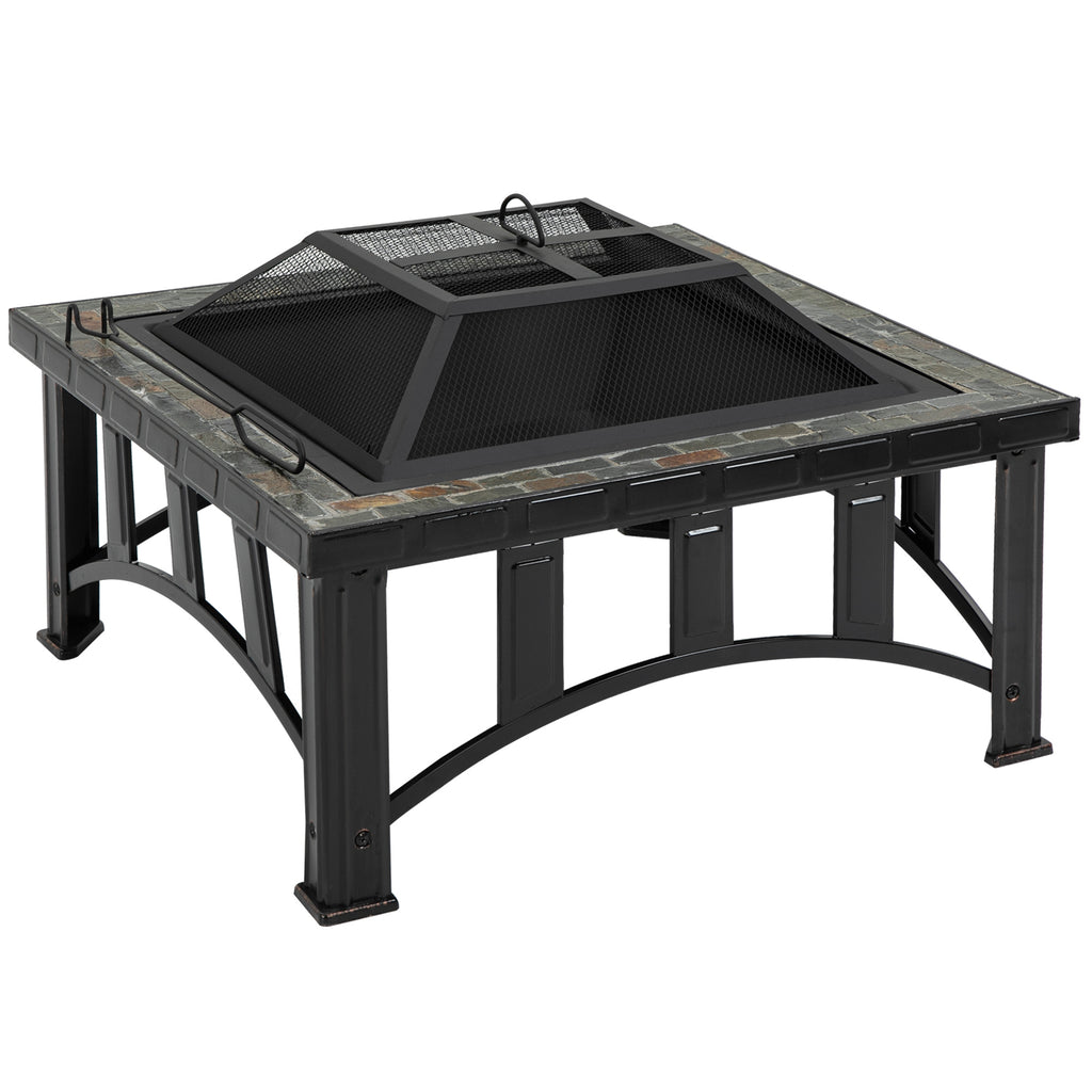 30" Outdoor Fire Pit, Square Steel Firepit Stove with Screen and Log Poker for Backyard, Patio, Camping, and BBQ, Black