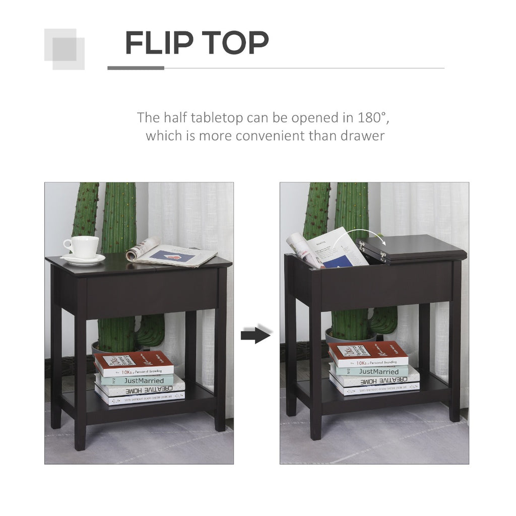 End Side Table, Flip Top Design with Storage Hinge Cabinet, Bottom Shelf,  and Sturdy Base, Dark Coffee