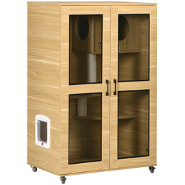 Cat House with Cat Tree Inside, Kitty Cage with Scratching Posts, Condo, Pet Enclosure with Lockable Wheels, Flap Door, Cushion, Oak