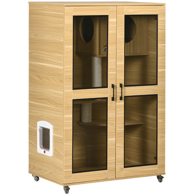Cat House with Cat Tree Inside, Kitty Cage with Scratching Posts, Condo, Pet Enclosure with Lockable Wheels, Flap Door, Cushion, Oak