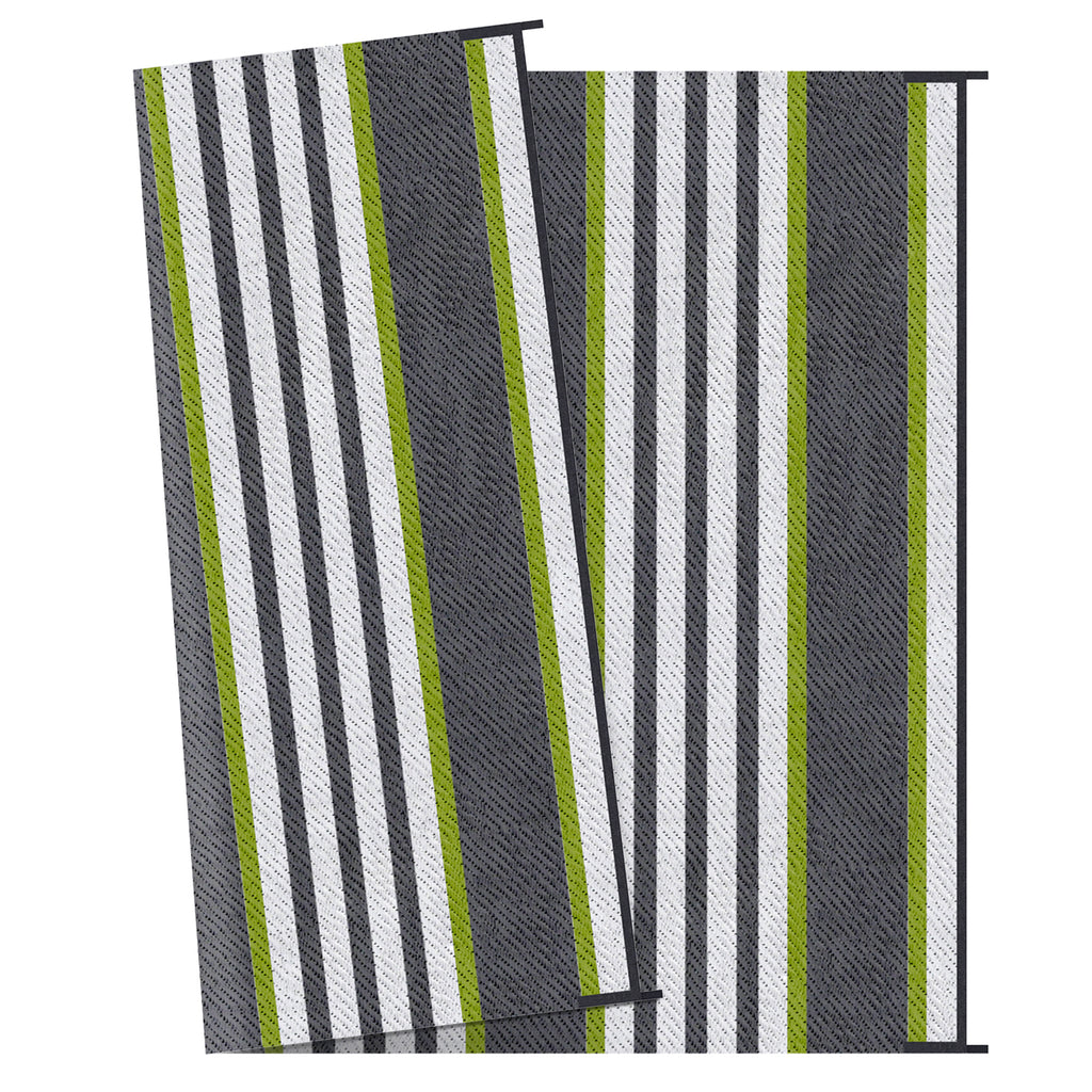 RV Mat, Outdoor Patio Rug / Large Camping Carpet with Carrying Bag, 9' x 12', Waterproof Plastic Straw, Reversible Design for Backyard, Porch, Picnic, Poolside, Green & Gray Striped