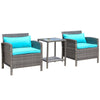 3 Pcs Rattan Wicker Bistro Set with Soft Cushions, Outdoor Coffee Sets with Glass Table and Open Storage Shelf for Patio, Green