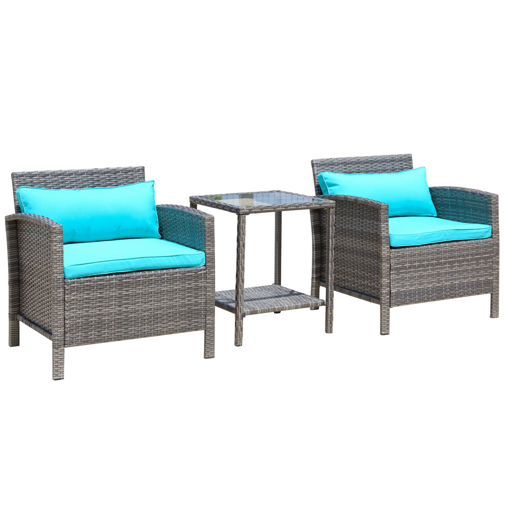 3 Pcs Rattan Wicker Bistro Set with Soft Cushions, Outdoor Coffee Sets with Glass Table and Open Storage Shelf for Patio, Green