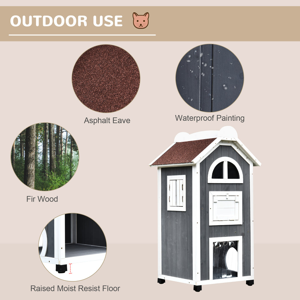 43"H Wooden Cat House Feral Cat Shelter Outdoor Kitten Condo 3-Floor Pet Habitat with Asphalt Roof, Escape Doors, Inside Stairs, Grey and White