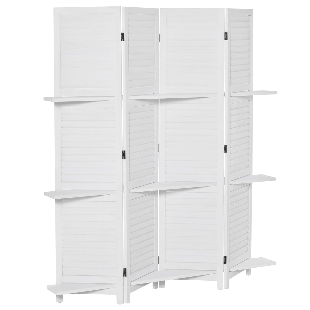 4 Panel 67" Wood Wall Divider Room Divider with 3 Display Shelves, and Folding Storage for Bedroom or Home Office, White
