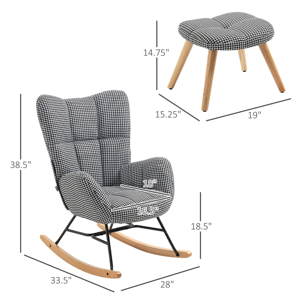 Glider Rocker with Ottoman Set, Houndstooth Nursery Rocking Chair, Upholstered Wingback Armchair for Living Room and Bedroom