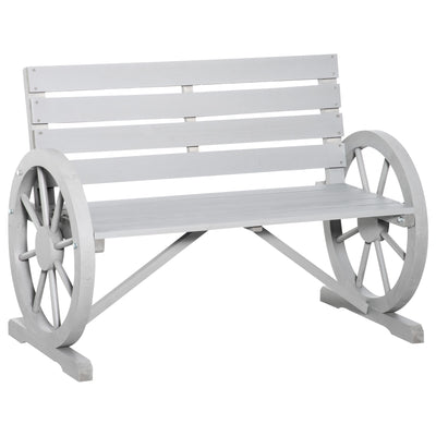 Wooden Wagon Wheel Bench Rustic Outdoor Patio Furniture, 2-Person Seat Bench with Backrest Charcoal Grey