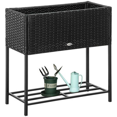 Elevated Metal Raised Garden Bed with Rattan Wicker Look, Underneath Tool Storage Rack, Sophisticated Modern Design Black