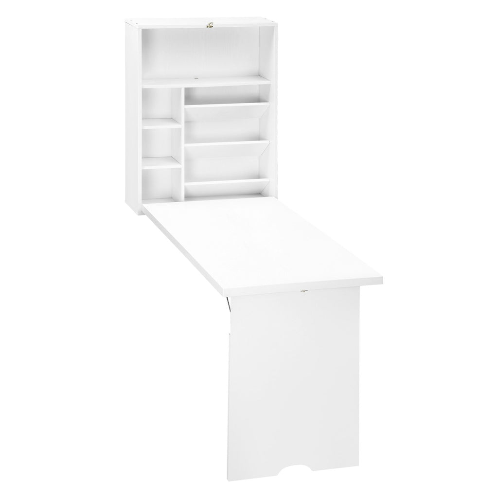 Wall Mounted Folding Table, Foldable Desk, Convertible Desk, Modern Home Office Desk with Shelf and Multiple Storage Compartments, White