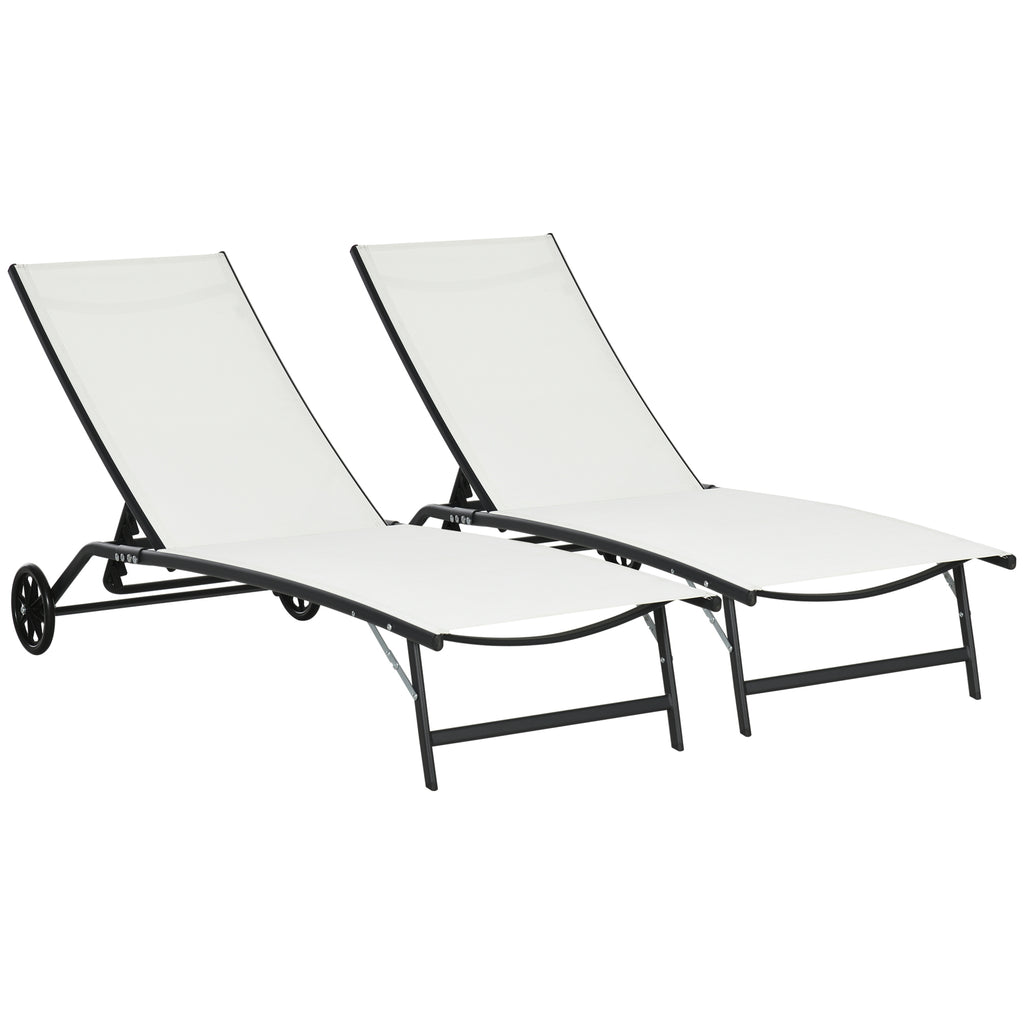 Patio Chaise Lounge Chair Set of 2, 2 Piece Outdoor Recliner with Wheels, 5 Level Adjustable Backrest for Garden, Deck & Poolside, Cream White