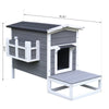 Wooden Wooden Cat House Feral Cat Shelter Kitten Condo with Escape Door, Porch and Flower Stand - Dark Grey/White