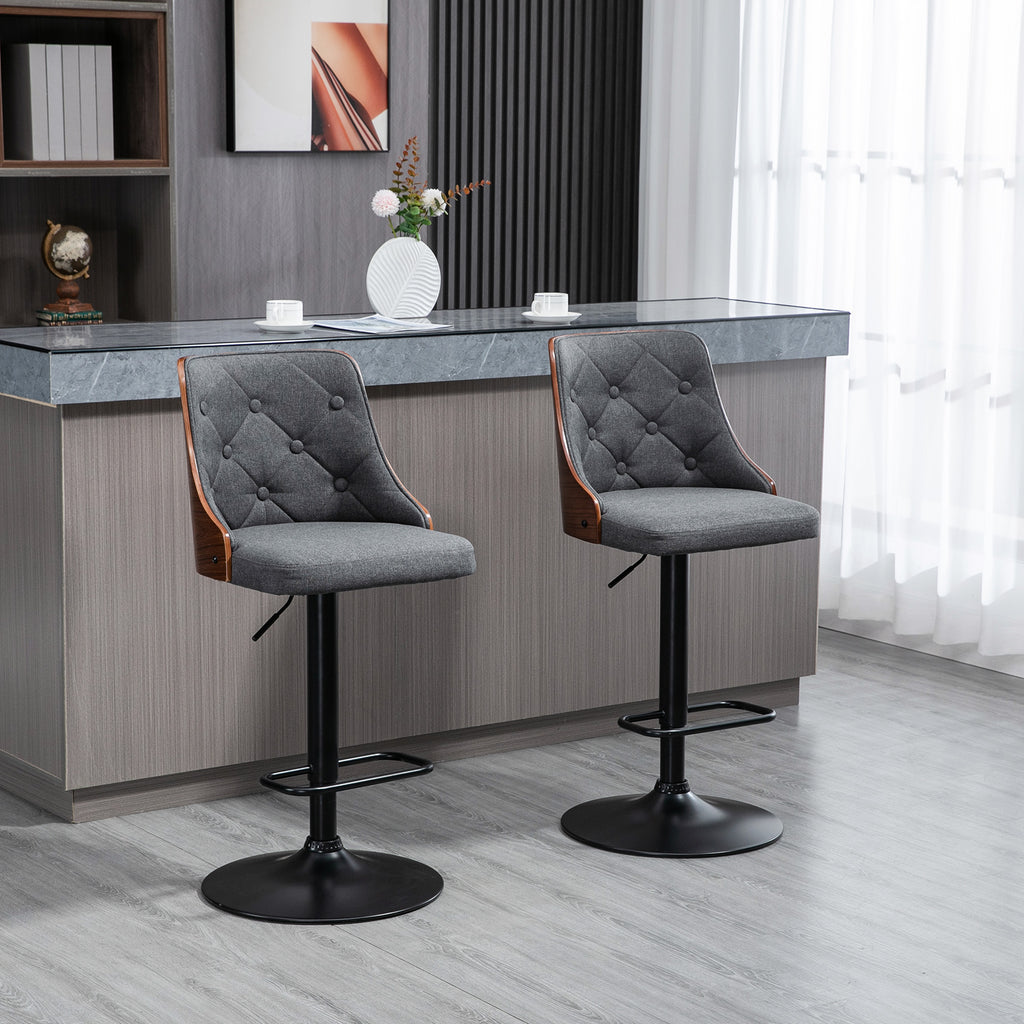 Counter Height Bar Stools Set of 2, Height Adjustable Swivel Barstools with Footrest and Tufted Back, Linen Fabric Bar Chairs, Dark Grey