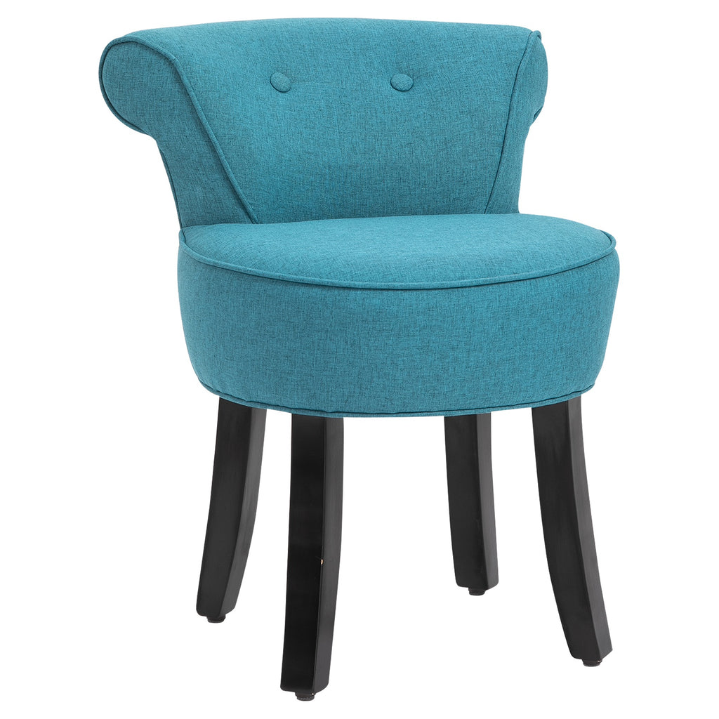 Upholstered Linen Vanity Stool with Curved Thick Padded Backrest, Rubberwood Legs, and Footpads, Blue