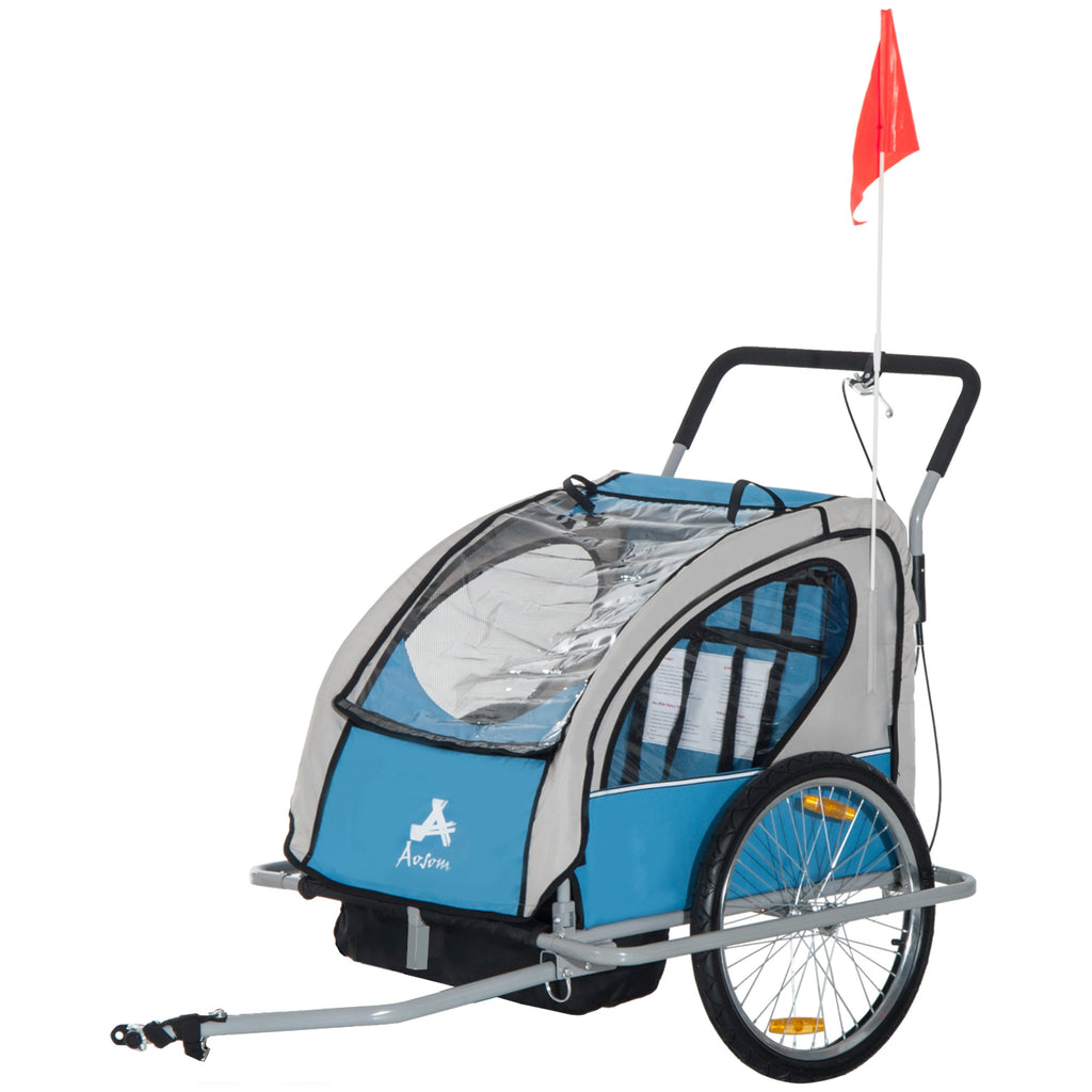 Outdoor Elite Double Child Two-Wheel Bicycle Trailer Cart Cargo with 2 Safety Harnesses - Blue