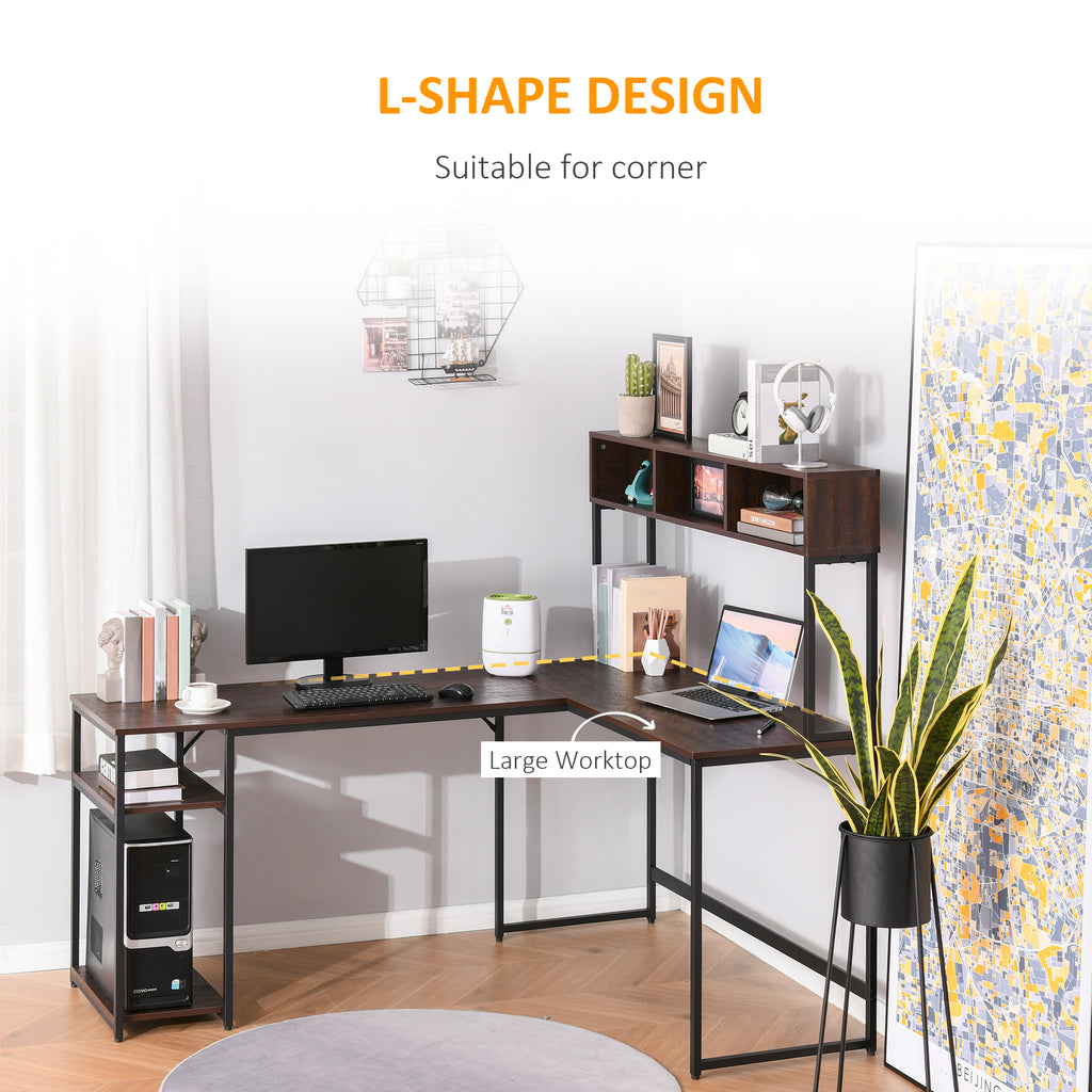 L-Shaped Home Office Desk with Bottom Tower Shelf, 3 Cube Shelves, Computer Writing Desk with Metal Frame, Walnut Brown