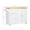Rolling Kitchen Island on Wheels, Utility Serving Cart with Rubber Wood Top, Towel Rack, Storage Cabinet, Drawer, White