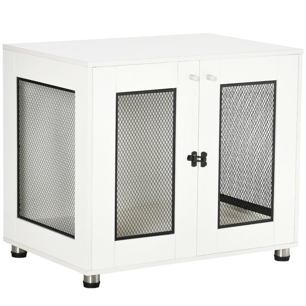 Dog Crate Furniture with Water-resistant Cushion, Dog Crate End Table with Double Doors, Indoor Pet Crate for Small Medium Dogs, White