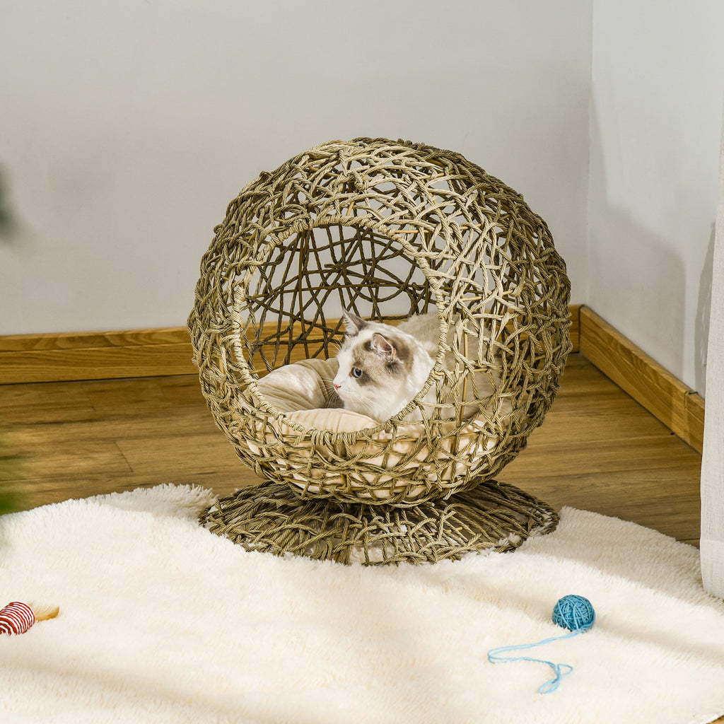 Wicker Cat Bed Elevated Rattan Kitten Basket Pet Den. House Cozy Cave with Soft Cushion Brown