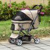 Travel Pet Stroller One-Click Fold Jogger Pushchair with Swivel Wheels, Brakes, Basket Storage, Safety Belts, Canopy, Brown