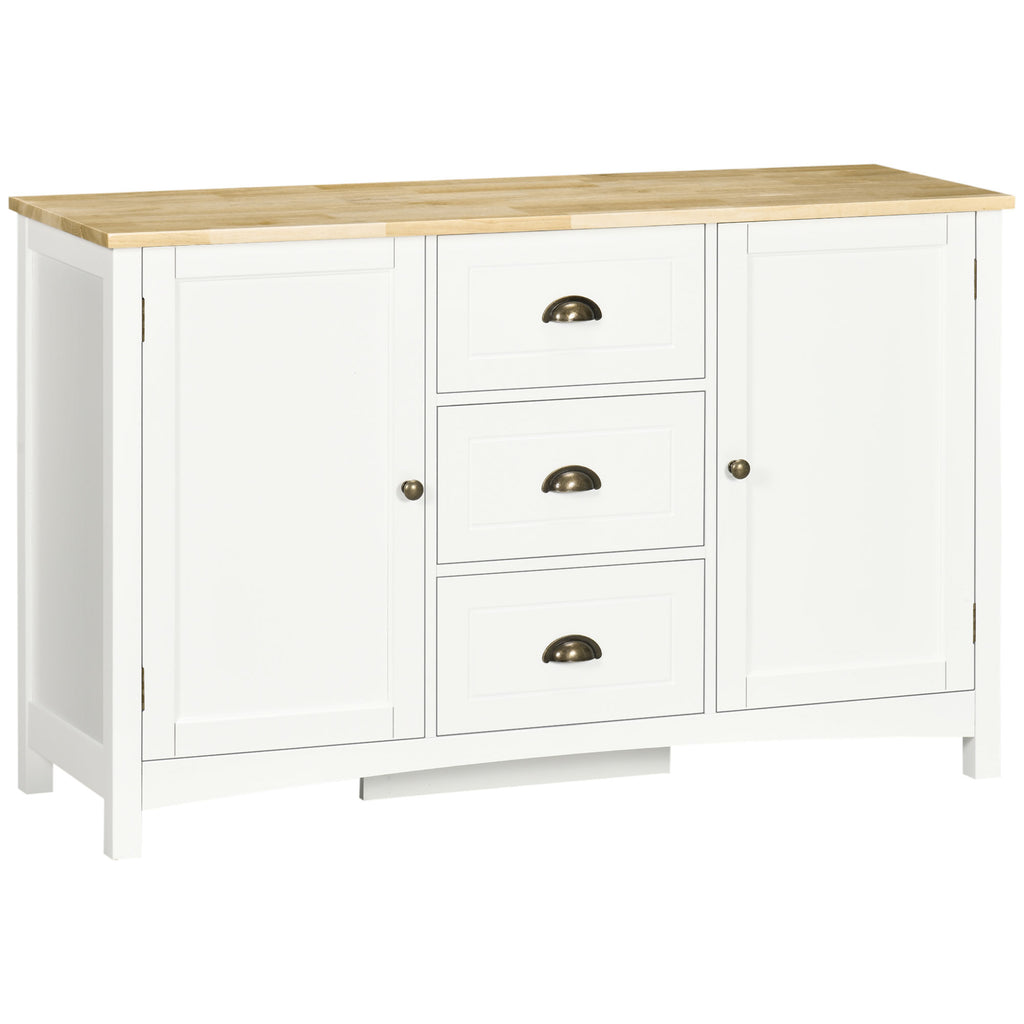 Buffet Cabinet with 3 Storage Drawers and Adjustable Shelves, 2 Door Sideboard with Rubber Wood Top, Coffee Bar for Living Room, Entryway White