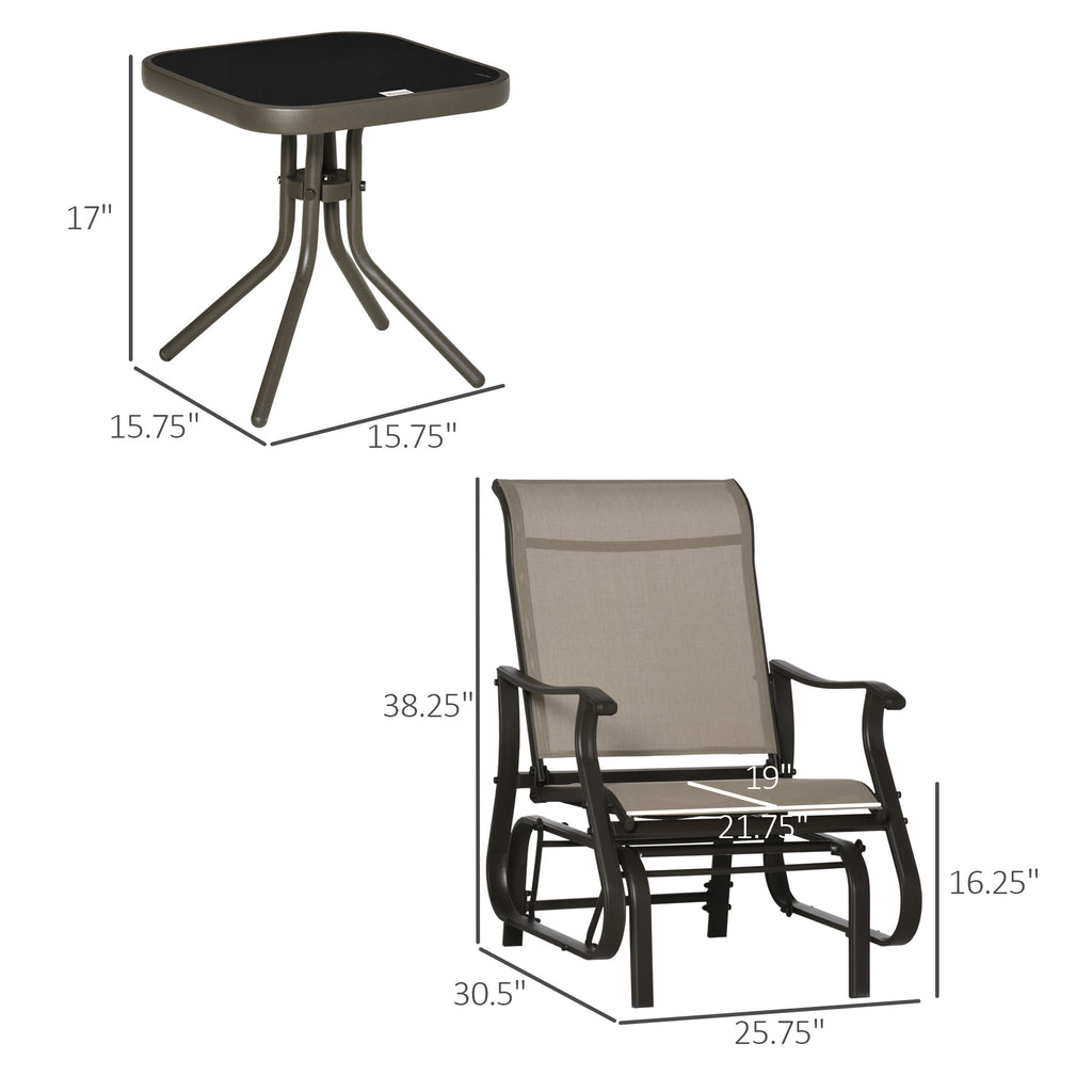 3-Piece Gliding Chair & Tea Table Set, Outdoor 2 Rocker Seats with Steel Frame, Tempered Glass Tabletop, Garden Patio Furniture, Grey