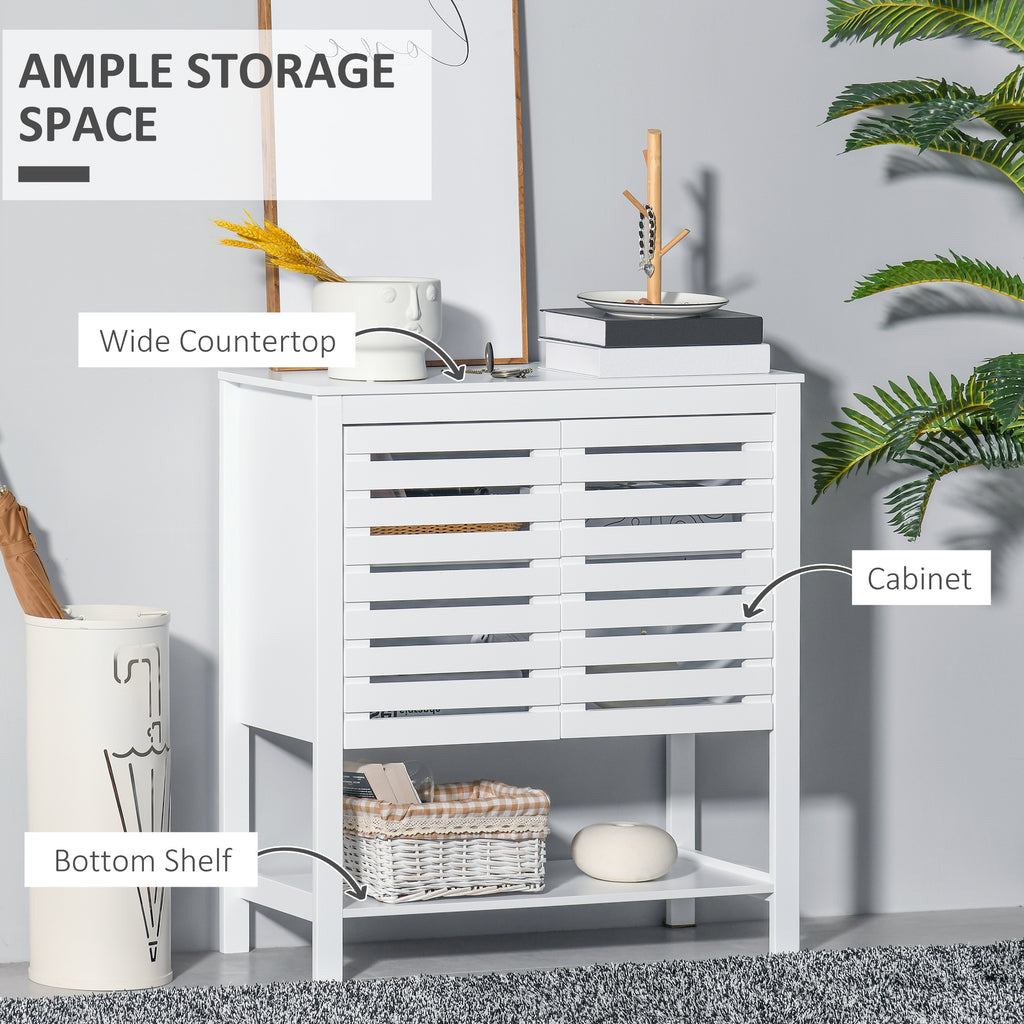 Modern Media Console Cabinet with Slat Double Doors, Enclosed Adjustable Shelf and Open Bottom Shelf, White