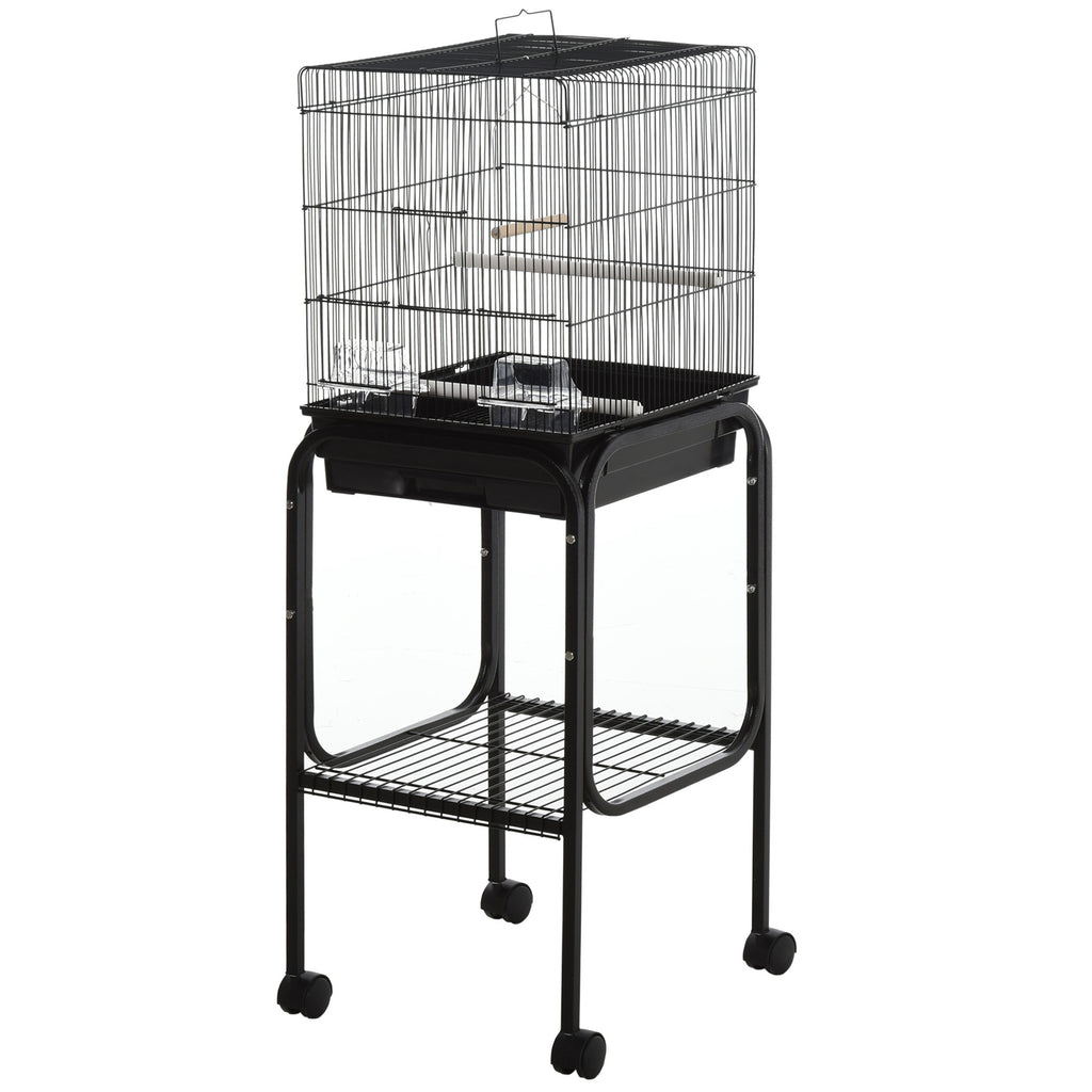 44.5" Metal Indoor Bird Cage Starter Kit With Detachable Rolling Stand, Storage Basket, And Accessories - Black