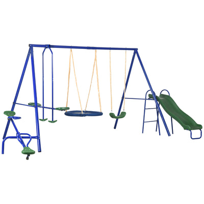 5 In 1 Metal Swing Set for Kids Outdoor, Heavy Duty Frame with Double Swings, Slide, Seesaw, Glider, for Backyard Playground