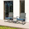 3 Pieces Outdoor PE Rattan Rocking Chair Set, Patio Wicker Recliner Rocker Chair with Soft Cushion & Coffee Table, for Porch, Blue