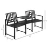 Tete-a-Tete Garden Bench with Center Table, Metal Frame, Outdoor 2-Person Loveseat with Armrest, Umbrella Hole for Patio Backyard Porch Black