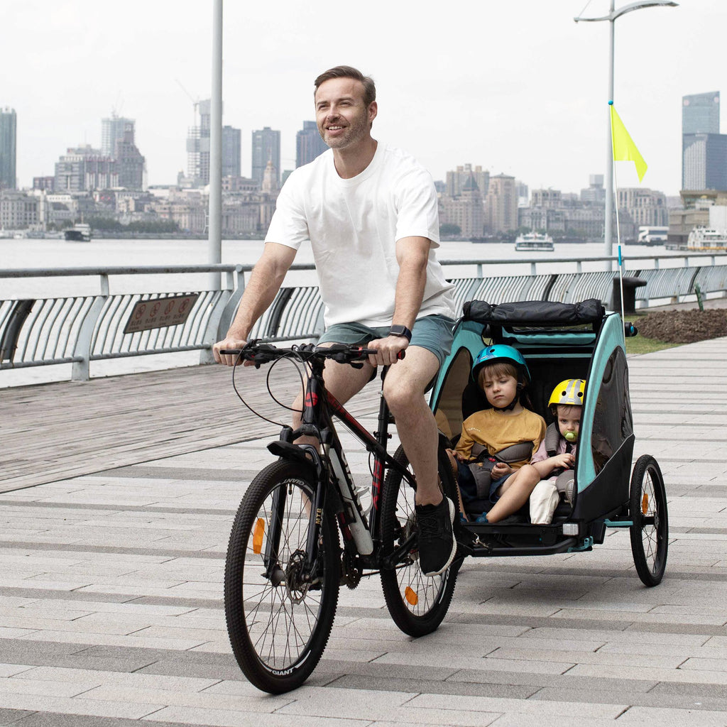 3-in-1 Folding Child Bike Trailer Baby Trailer with Shock Absorbing Frame & Adjustable Handlebar, Blue/Grey
