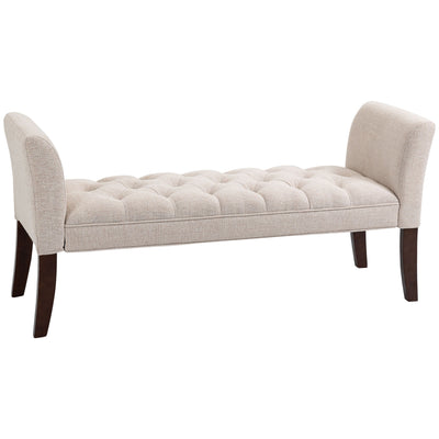 End of Bed Bench with Button Tufted Design, Upholstered Bench with Arms and Solid Wood Legs for Bedroom, Beige