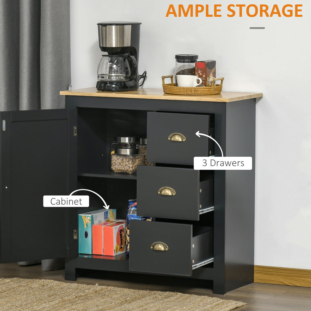 Modern Floor Cabinet, Storage Sideboard, Kitchen Buffet Table with Rubberwood Top, 3 Drawers and Cabinet with Adjustable Shelf, Black