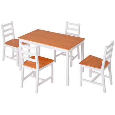 5 Piece Solid Pine Wood Table and High Back Chair Dining Set - White/Natural Wood