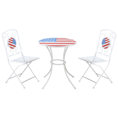 3 Piece Patio Bistro Set with Coffee Table and 2 Folding Chairs, Mosaic American Flag Tabletop and Backs, for Garden, Balcony, White