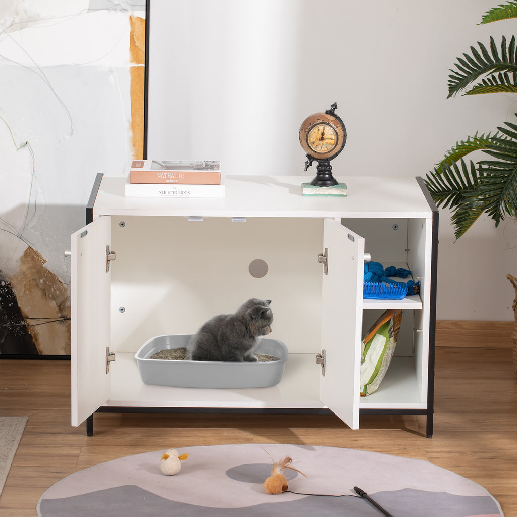 Cat Litter Box Enclosure Hidden Cat Furniture Cabinet Indoor Cat Washroom Double-door with Damping Hinge Multiple Storage Adjustable White