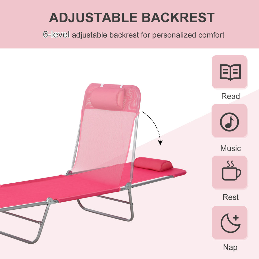 Portable Sun Lounger, Lightweight Folding Chaise Lounge Chair w/ Adjustable Backrest & Pillow for Beach, Poolside and Patio, Pink & Sliver