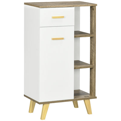 Bathroom Floor Cabinet, Side Storage Organizer Cabinet with Drawer and Shelves for Bathroom, Entryway and Kitchen, White and Natural