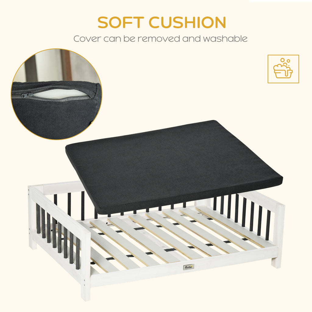 Elevated Dog Bed, Wooden Raised Pet Sofa, Portable Cat Lounge with Soft Cushion, Washable Cover for Small, Medium Dogs and Cats, White Black