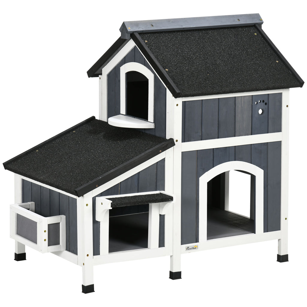 Outdoor Cat House with Flower Pot, 2-Story Feral Cat House with Weather Resistant Roof, Wooden Cat Shelter with Window, Multiple Entrances, Resting Condos