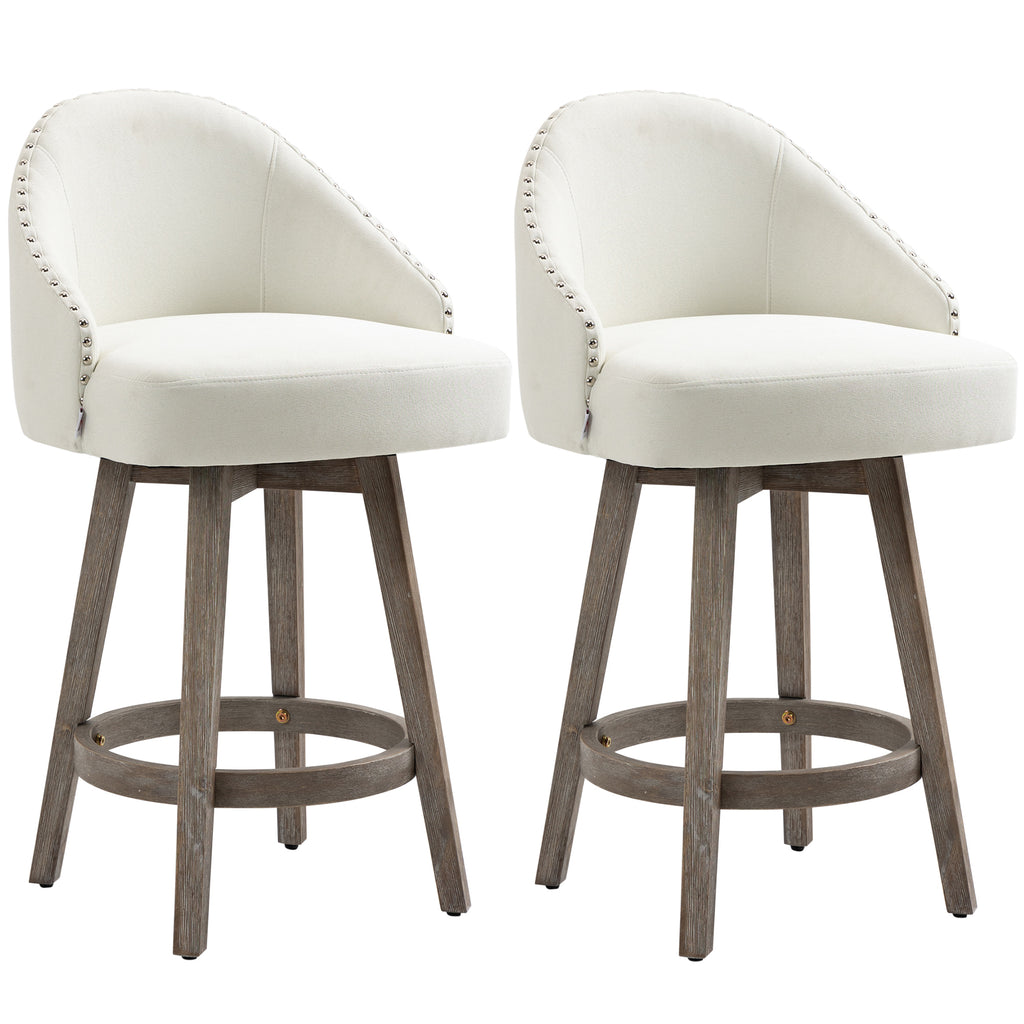 Bar Stools Set of 2, Linen Fabric Kitchen Counter Stools with Nailhead Trim, for Dining Room, Counter, Pub, Cream White