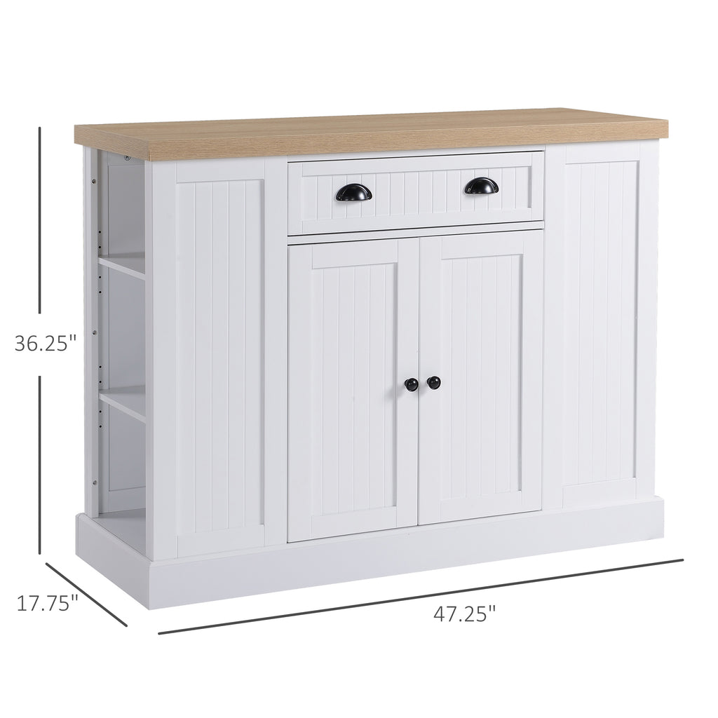 Fluted-Style Kitchen Island, Wooden Storage Cabinet, Rolling Kitchen Island Cart with Draw, Adjustable Shelves and Anti-Toppling Design, White