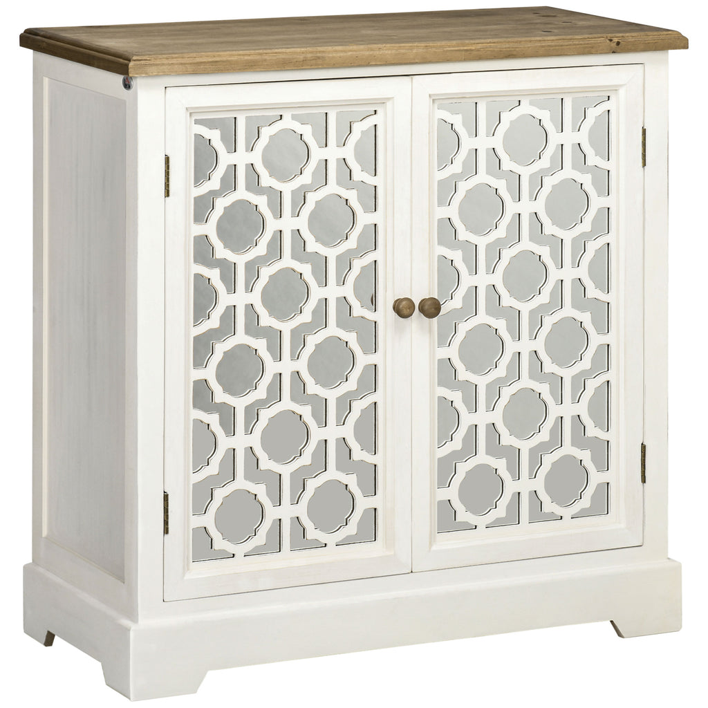 Farmhouse Storage Cabinet, Sideboard Buffet Cabinet with Double Glass Doors and Wood Countertop for Kitchen, Dining Room, Living Room, White