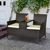 Patio Wicker Conversation Furniture Set, Outdoor Rattan 2-Seater Chair, Modern Loveseat w/ Cushions & Coffee Table for Lawn, Brown