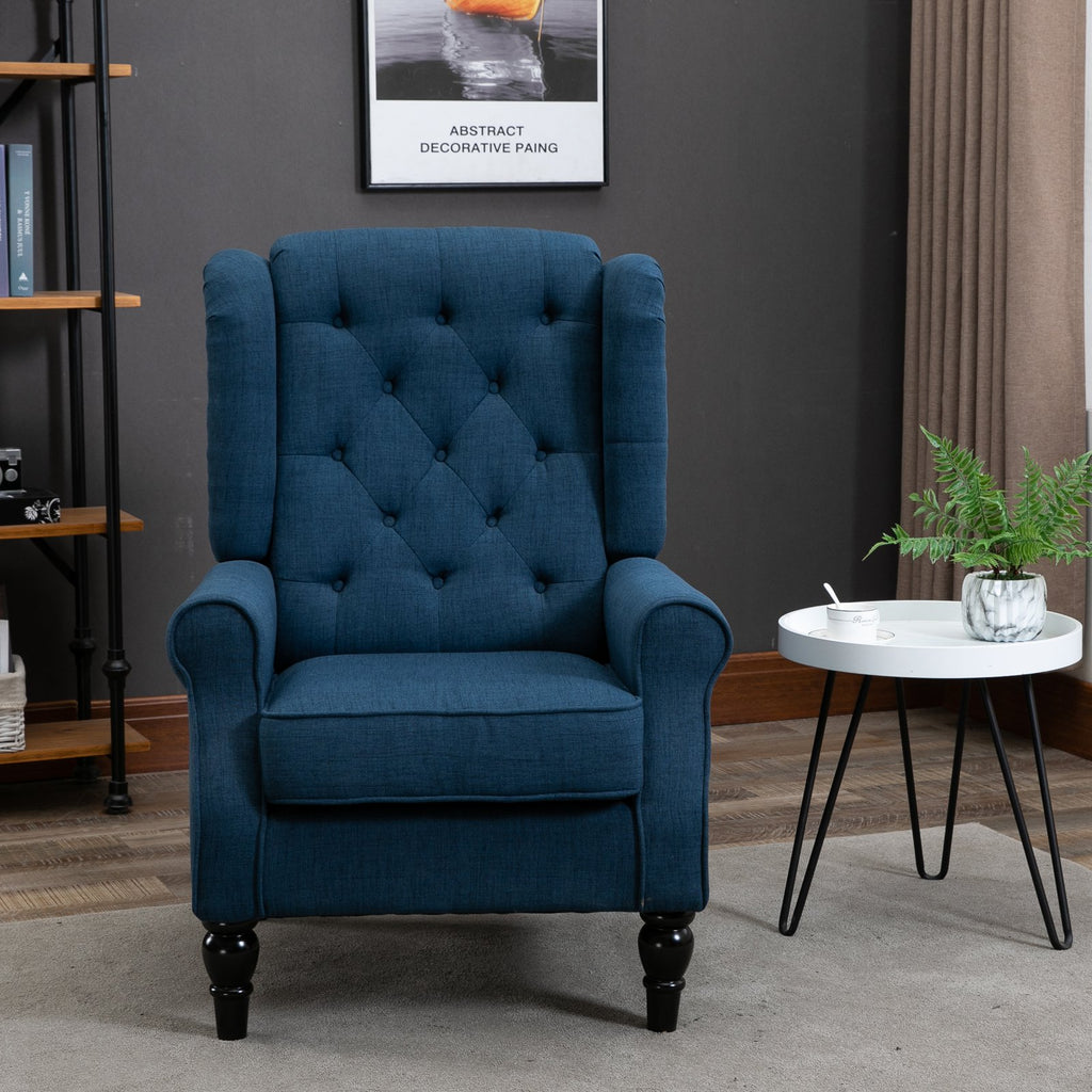 Tufted Armchair Fabric Tufted Accent Chair Living Arm Chair with Thick Padded Over-Sized Sponge Seat and Painted Finished Wooden Legs - Blue