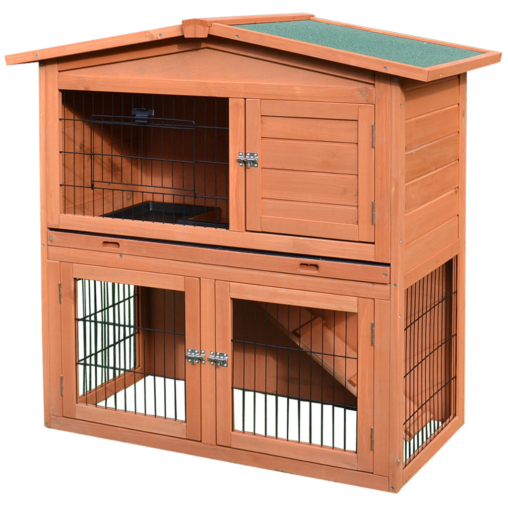 40" Wooden Rabbit Hutch Bunny Cage Small Animal House with No Leak Tray, Ramp, Weatherproof Roof for Outdoor