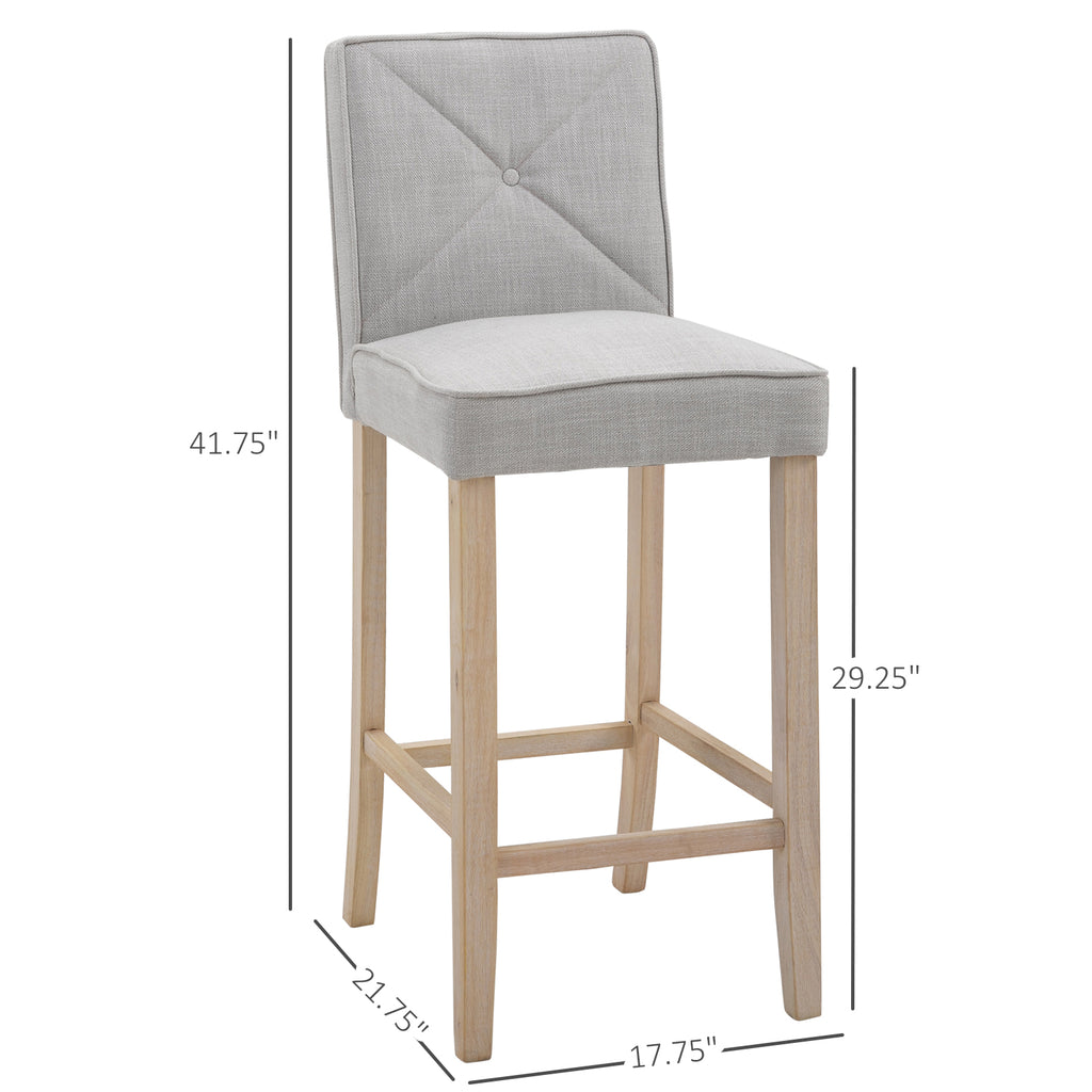 Modern Bar Stools Set of 2, Upholstered Barstools Kitchen Island Chair with Build-In Footrest, Solid Wood Legs, Beige