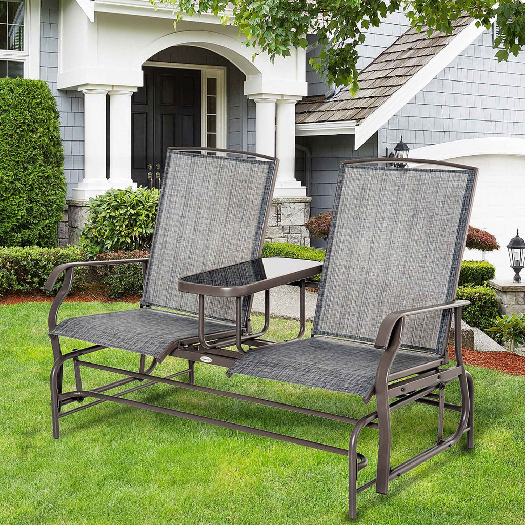 2-Person Outdoor Glider Bench with Center Table, Patio Rocking Chair Swing Loveseat with Breathable Mesh for Backyard, Front Porch, Brown