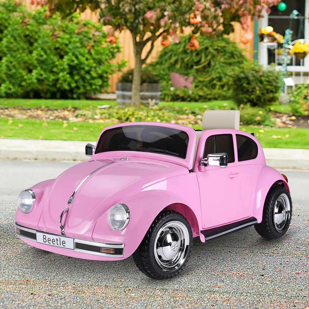 Licensed Volkswagen Beetle Ride-on Kids Electric Car with Secondary Remote Control & Extra Wide Safety Tires - Pink